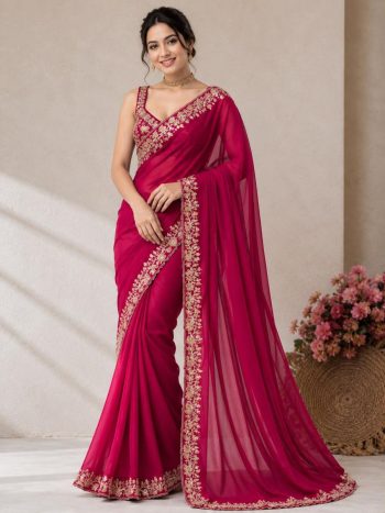 RICH LOOK VICHITRA EMBROIDERY WORK WITH CODING SEQUENCES AND CUT WORK BORDER SAREE WITH UNSTITCHED BLOUSE RANI