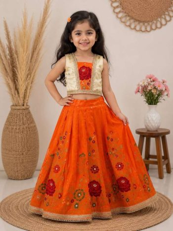 TRADITIONAL DOLA SILK EMBROIDERY BORDER LACE WORK KID'S LEHENGA CHOLI ORANGE