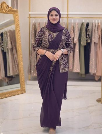 TRENDING GEORGETTE EMBROIDERY WORK READY TO WEAR SAREE BLOUSE WITH KOTI PURPLE