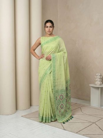 TRENDING MUGA COTTON RESHAM WEAVING TRADITIONAL PENCIL ART WORK SAREE WITH UNSTITCHED BLOUSE PISTA