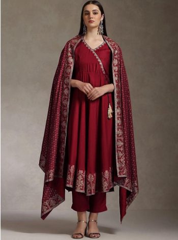 TRENDING RAYON EMBROIDERY WITH FOIL PRINT WORK ANARKALI BOTTOM WITH DUPATTA MAROON