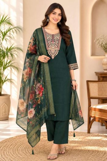 TRENDING ROMAN SILK EMBROIDERY WORK TOP BOTTOM WITH DUPATTA DARK GREEN