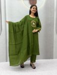TRENDING ROMAN SILK THREAD & HANDWORK REAL HAND MIRROR WORK TOP BOTTOM WITH DUPATTA GREEN
