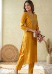 TRENDING SLUB COTTON EMBROIDERY WORK TOP PENT SET YELLOW