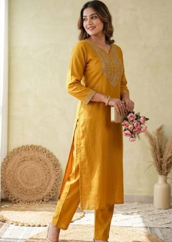 TRENDING SLUB COTTON EMBROIDERY WORK TOP PENT SET YELLOW