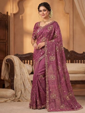 TRENDING SPACE SILK GOLD BEADS WORK SAREE WITH UNSTITCHED BLOUSE ONION