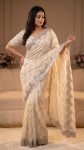 TRENDING SPACE SILK GOLD BEEDS BHUNGALI WORK  SAREE WITH UNSTITCHED BLOUSE OFF WHITE