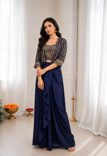 MODERN CHINON SILK PLAIN DRAPE SKIRT WITH EMBROIDERY MULTI THREAD CODING SEQUENCE WORK BLOUSE AND KOTI NAVY BLUE