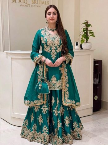 TRENDING NATURAL SILK EMBROIDERY CHAIN SEQUENCE WORK TOP PALAZZO WITH DUPATTA GREEN