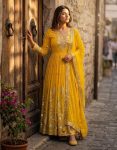 DESIGNER GEORGETTE EMBROIDERY 5 MM SEQUENCE WORK GOWN BOTTOM WITH DUPATTA YELLOW