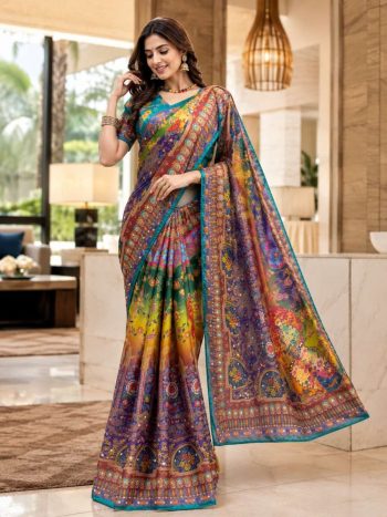 ATTRACTIVE CHINON SILK REAL MIRROR HANDWORK SAREE WITH UNSTITCH BLOUSE MULTI