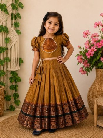 ATTRACTIVE COTTON NARAYAN PET ZARI WEAVING BOARDER WORK KID'S LEHENGA CHOLI WITH DUPATTA MUSTARD