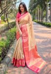 ATTRACTIVE KANCHIPURAM TISSUE  ZARI WEAVING WORK SAREE WITH UNSTITCHED BLOUSE CREAM