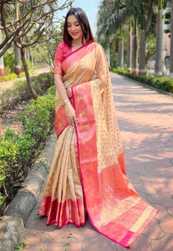 ATTRACTIVE KANCHIPURAM TISSUE  ZARI WEAVING WORK SAREE WITH UNSTITCHED BLOUSE CREAM