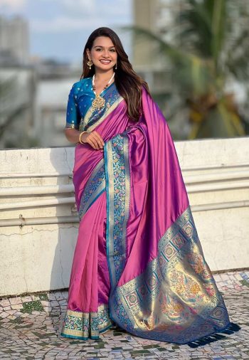 BOLLYWOOD SOFT SILK GALA PLAIN  WITH KADIYAL PAITHANI WEAVES WORK SAREE WITH UNSTITCHED BLOUSE PINK