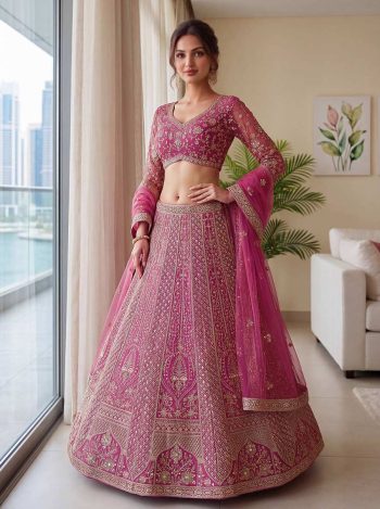 DESIGNER BUTTERFLY NET SEQUENCE AND CODING EMBROIDERY WORK LEHENGA CHOLI WITH DUPATTA PINK