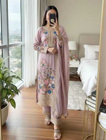 DESIGNER CHINON EMBROIDERY SEQUENCE DIAMOND HAND WORK TOP PALAZZO WITH DUPATTA  LAVENDER