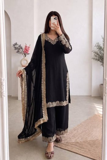 DESIGNER CHINON SILK EMBROIDERY & SEQUENCE WORK  TOP PALAZZO WITH DUPATTA BLACK