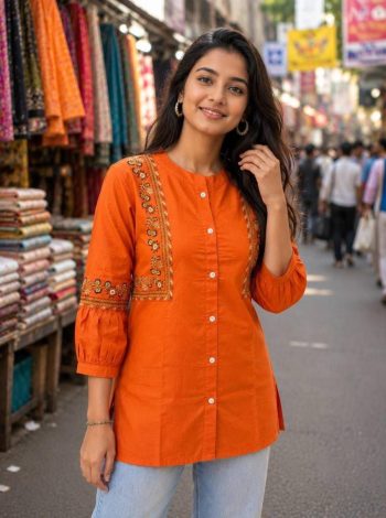 DESIGNER COTTON EMBROIDERY WORK TOP ORANGE