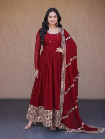 DESIGNER FAUX BLOOMING ZARI, SEQUENCE & PIPE BEADS EMBROIDERY WORK GOWN WITH DUPATTA MAROON