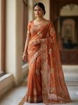 DESIGNER FENDY SATIN BEADS EMBROIDERY WORK WITH SEQUENCE AND CUT WORK BORDER SAREE WITH UNSTITCHED BLOUSE ORANGE
