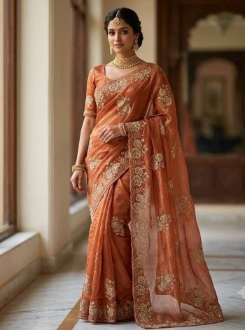 DESIGNER FENDY SATIN BEADS EMBROIDERY WORK WITH SEQUENCE AND CUT WORK BORDER SAREE WITH UNSTITCHED BLOUSE ORANGE