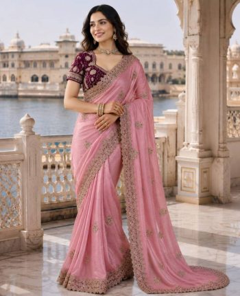 DESIGNER FENDY SATIN EMBROIDERY 3 MM SEQUENCE WORK HEAVY BORDER SAREE WITH STITCHED BLOUSE BABY PINK