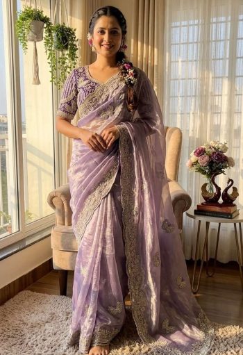 DESIGNER FENDY SATIN SEQUANCE AND ZARI EMBROIDERY WORK SAREE WITH STITCHED BLOUSE LAVENDER