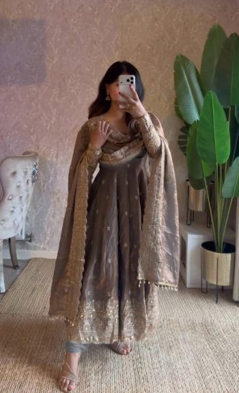 DESIGNER FENDY SILK EMBROIDERY  SEQUENCE WORK GOWN BOTTOM WITH DUPATTA GREY