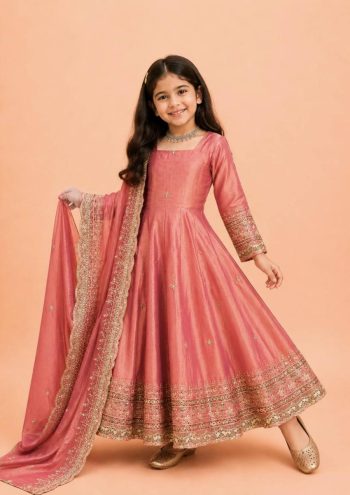 DESIGNER FENDY SILK SEQUENCE EMBROIDERY WORK KID'S GOWN BOTTOM WITH DUPATTA PEACH