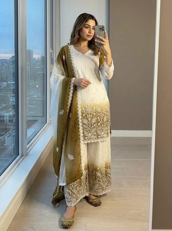 DESIGNER GEORGETTE EMBROIDERY WORK WITH JARKHAN DIAMOND  WORK  TOP PALAZZO WITH DUPATTA WHITE AND MEHNDI
