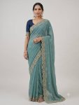DESIGNER GEORGETTE SILK SEQUENCE AND ZARI EMBROIDERY WORK WITH CUTWORK BORDER SAREE WITH STITCHED BLOUSE SKY