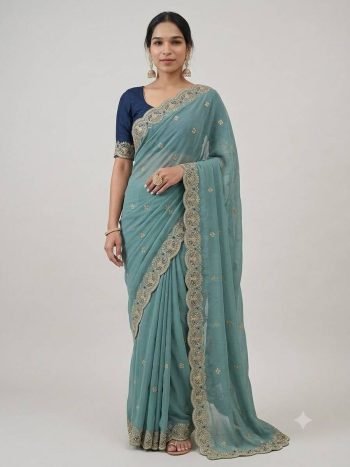 DESIGNER GEORGETTE SILK SEQUENCE AND ZARI EMBROIDERY WORK WITH CUTWORK BORDER SAREE WITH STITCHED BLOUSE SKY