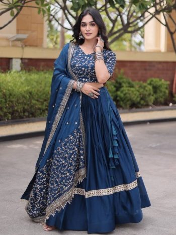DESIGNER GLORY SATIN EMBROIDERY ZARI SEQUENCE WORK LEHENGA CHOLI WITH DUPATTA NAVY BLUE