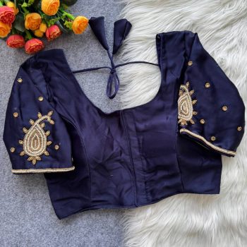 DESIGNER MALAI SATIN HAND WORK STITCHED BLOUSE NAVY BLUE