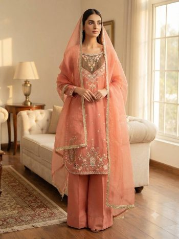 DESIGNER NC MOSS EMBROIDERY SEQUENCE WORK  TOP PALAZZO WITH DUPATTA PEACH