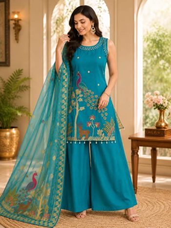 DESIGNER ROMAN SILK ORIGINAL MIRROR WORK WITH EMBROIDERY WORK TOP PALAZZO WITH DUPATTA RAMA