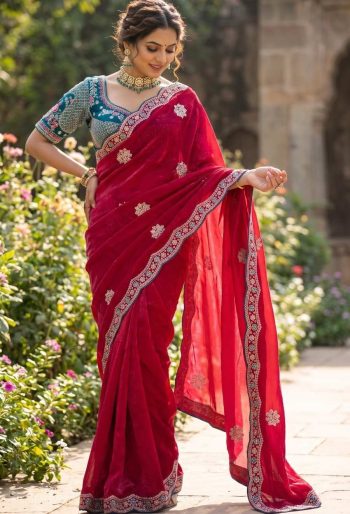 DESIGNER SATIN EMBROIDERY 3 MM SEQUENCE WORK HEAVY BORDER WITH BUTTA WORK SAREE WITH STITCHED BLOUSE RANI