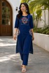 DESIGNER SLUB COTTON EMBROIDERY WORK TOP PENT SET BLUE