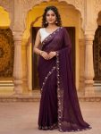 DESIGNER SPACE SILK ORIGINAL ROSE GOLD BEADS AND WHITE PEARL WORK SAREE WITH STITCHED BLOUSE WINE