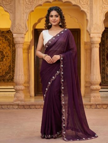 DESIGNER SPACE SILK ORIGINAL ROSE GOLD BEADS AND WHITE PEARL WORK SAREE WITH STITCHED BLOUSE WINE
