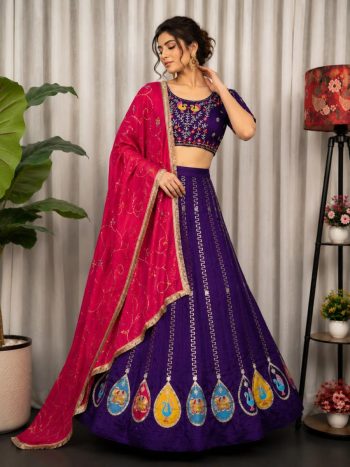 DESIGNER VICHITRA SILK EMBROIDERY MULTI THREAD WORK AND SEQUENCE WORK  AND AARI MIRROR WORK LEHENGA CHOLI WITH DUPATTA PURPLE AND RANI