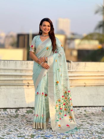 FABULOUS ORGANZA MEENAKARI ZARI WOVEN WORK SAREE WITH UNSTITCHED BLOUSE SKY