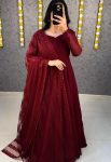 FABULOUS SOFT FAUX GEORGETTE POTLI BUTTON WORK GOWN WITH DUPATTA  MAROON