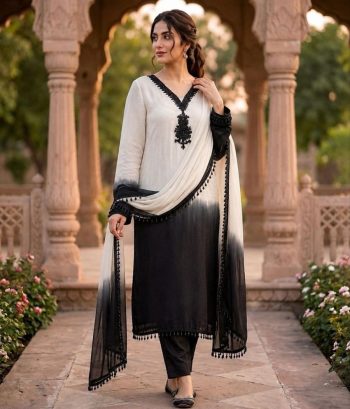 FANCY CREPE SILK EMBROIDERY BEADS WORK TOP BOTTOM WITH DUPATTA WHITE