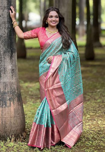 GEORGEOUS TISSUE SILK ZARI WEAVING WORK SAREE WITH UNSTITCHED BLOUSE SKY