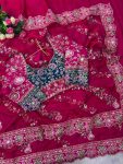LUXURY SOFT FANDY SATIN SILK EMBROIDERY DUAL SEQUENCES AND CODING WORK SAREE WITH STITCHED BLOUSE PINK