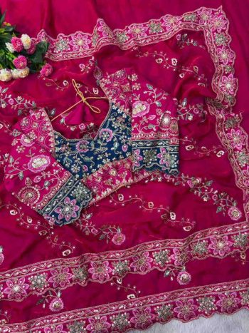 LUXURY SOFT FANDY SATIN SILK EMBROIDERY DUAL SEQUENCES AND CODING WORK SAREE WITH STITCHED BLOUSE PINK