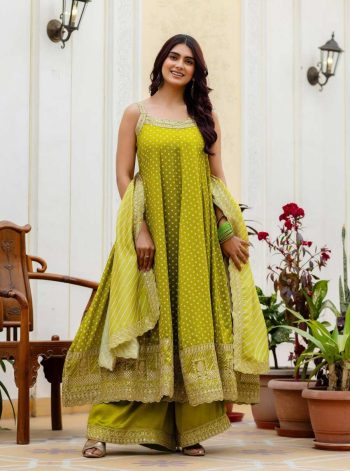 MODERN BANDHANI VICHITRA SILK EMBROIDERY & REAL MIRROR WORK GOWN BOTTOM WITH DUPATTA PARROT GREEN
