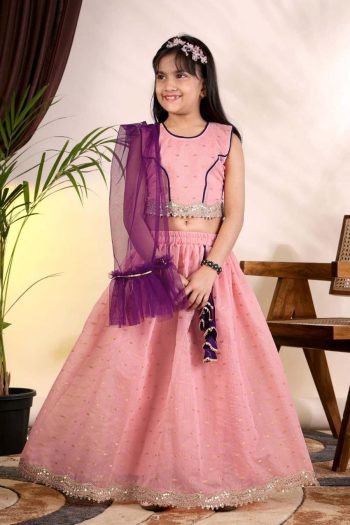MODERN CHANDERI WEAVING DESIGN AND DORI LATKAN WORK KID'S LEHENGA CHOLI WITH DUPATTA BABY PINK